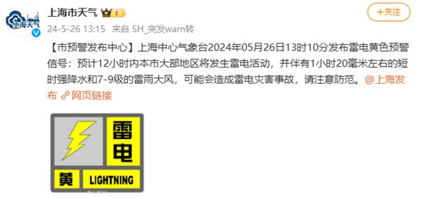 上海中心气象台发布大风蓝色和雷电黄色预警信号